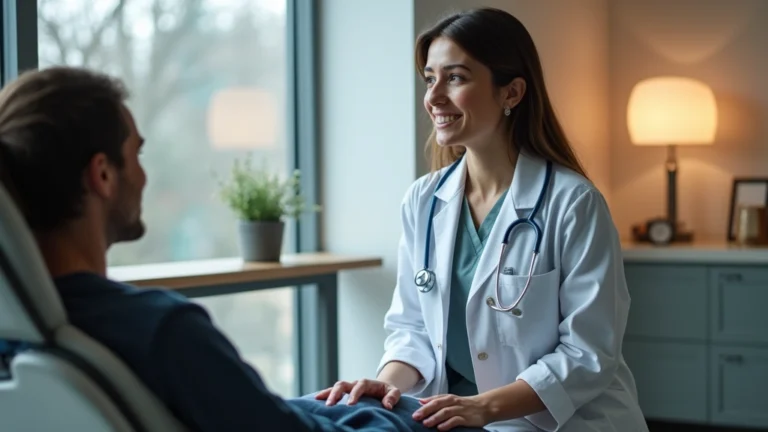 Professional healthcare provider conducting patient consultation in modern clinic setting with warm lighting, patient in medical chair