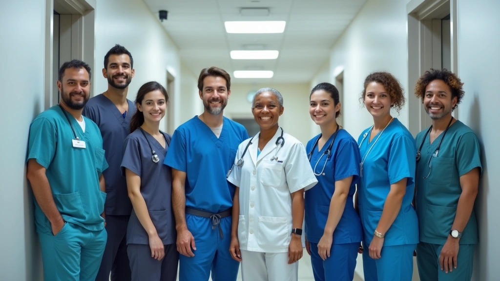 Diverse group of healthcare professionals including doctors, nurses, and dentists in scrubs standing together in bright medic