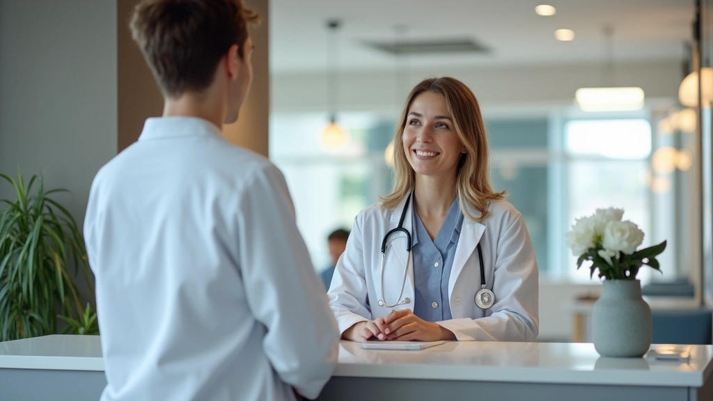 Patient checking in at modern healthcare center reception desk with welcoming staff member behind counter in clean clinical e