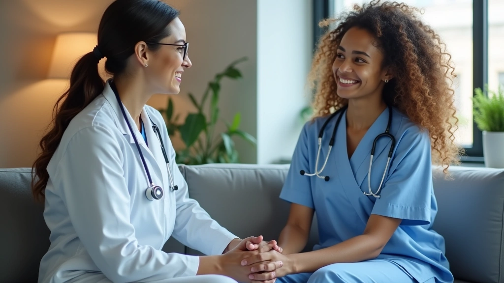 Professional medical consultation room with diverse healthcare provider and patient in comfortable setting, warm lighting, modern clinic interior