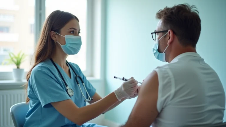 Healthcare professional administering vaccination to patient in modern clinic setting, bright natural lighting, professional medical environment