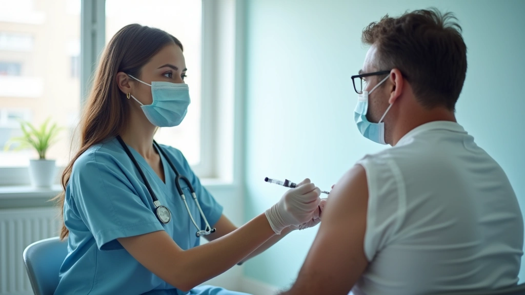 Healthcare professional administering vaccination to patient in modern clinic setting, bright natural lighting, professional