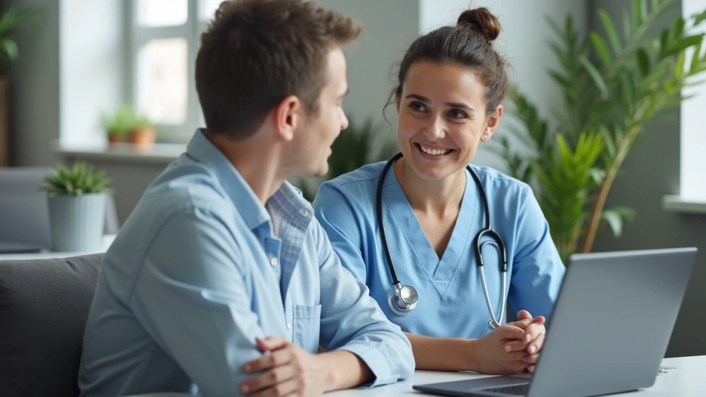 Nurse or health educator conducting health consultation with patient in telehealth virtual appointment setup, modern office b