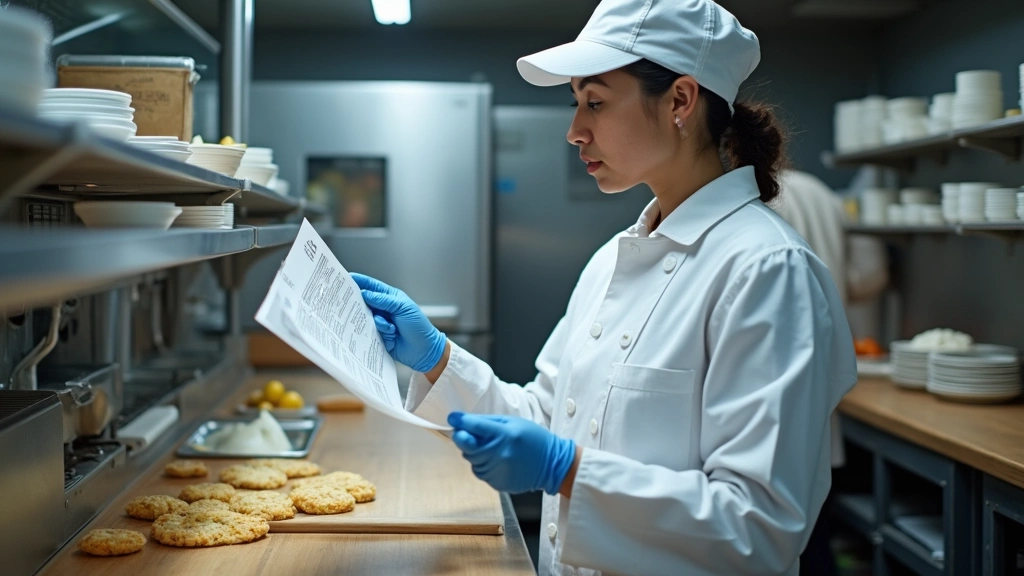 Public health inspector examining food safety documentation in restaurant kitchen, professional clinical setting