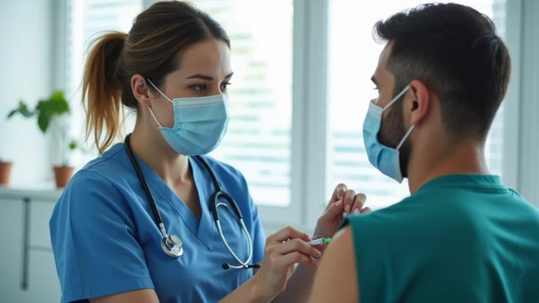 Professional healthcare worker administering vaccine to adult patient in modern medical clinic setting, bright natural lighting, clean medical environment