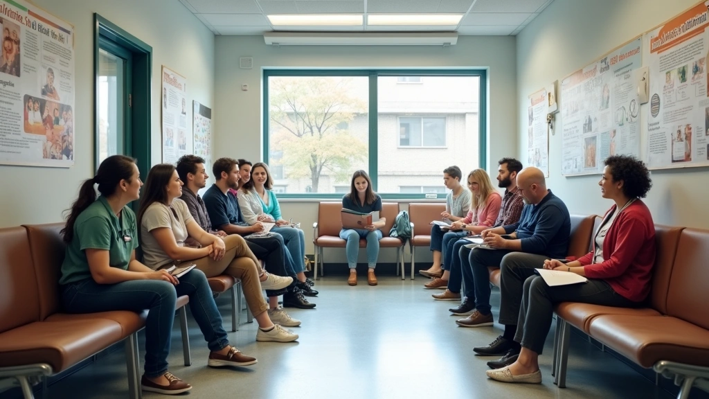Public health department office waiting room with diverse patients, comfortable seating, informational posters about preventi