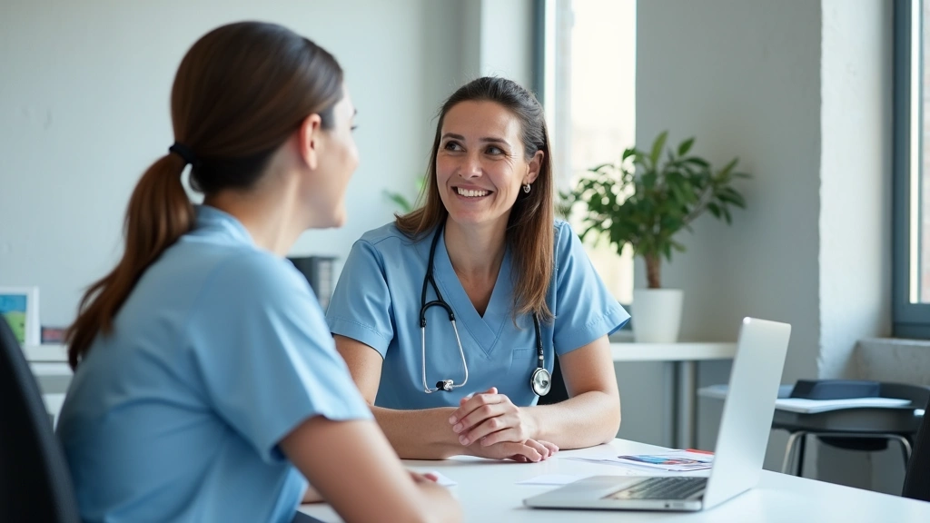 Female nurse or health educator discussing health information with patient at desk in medical office, friendly professional i