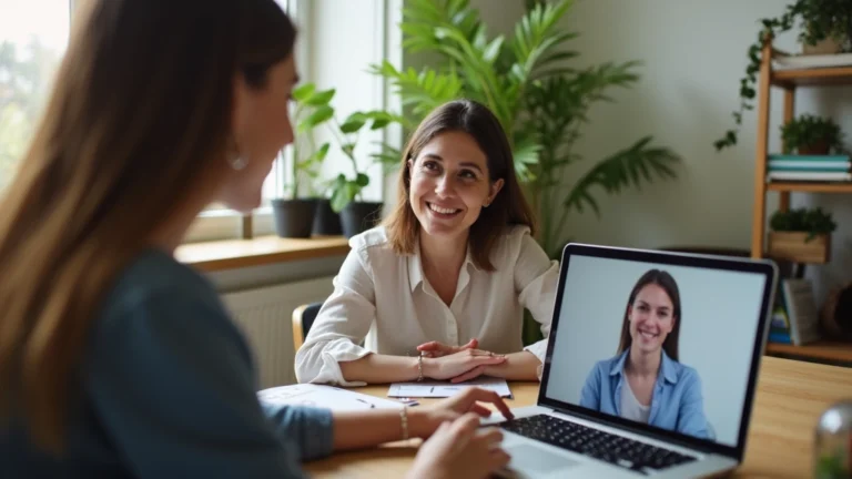 Professional female therapist conducting telehealth video call with patient on laptop, modern clinical office with plants, warm lighting, compassionate expression