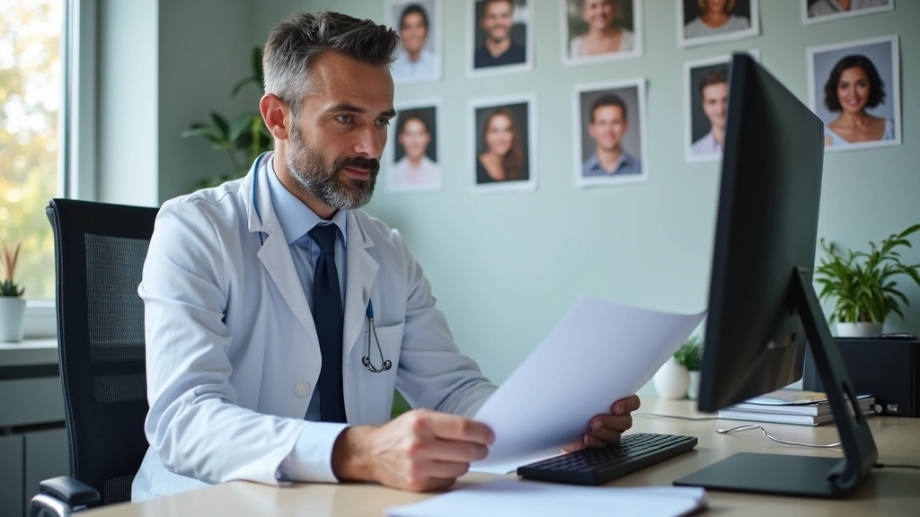 Male psychiatrist reviewing patient intake form at desk with computer, organized medical office, professional attire, diverse