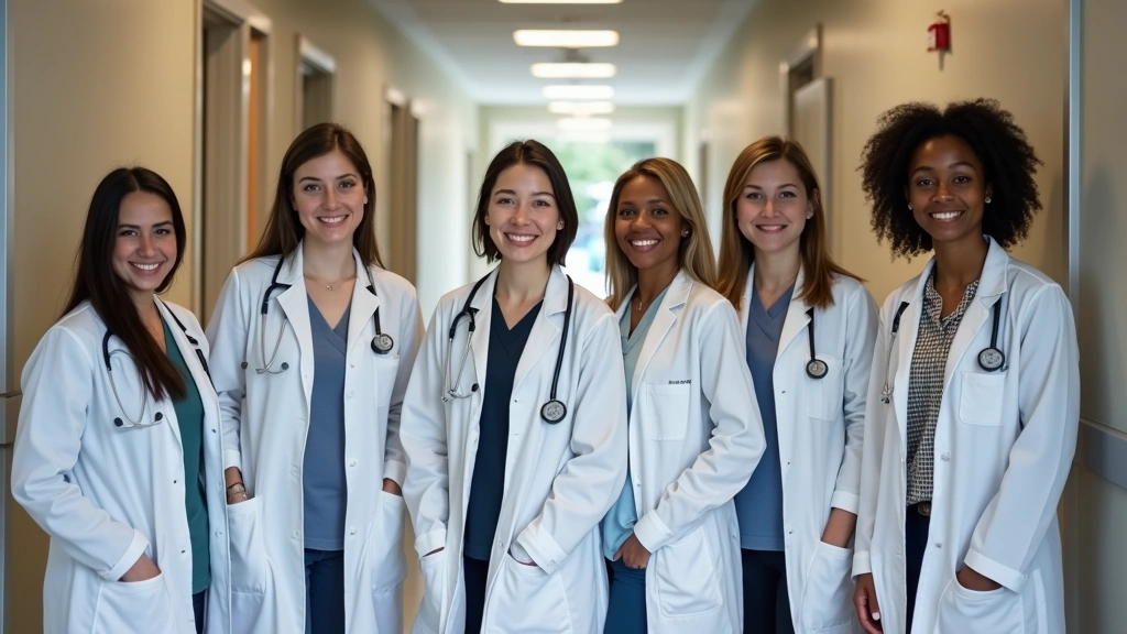 Diverse group of mental health professionals in community health center hallway, smiling, wearing white coats and badges, inc