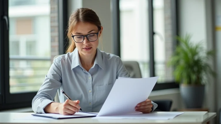Professional woman reviewing health insurance documents at desk in modern office, holding pen and clipboard, serious expression, natural lighting