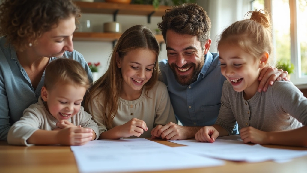Diverse family of four sitting together reviewing health insurance paperwork at kitchen table, smiling, warm home setting, af