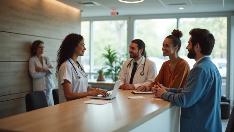 Professional medical clinic waiting room with diverse Native American patients checking in at reception desk, modern healthcare facility interior, natural lighting, welcoming atmosphere