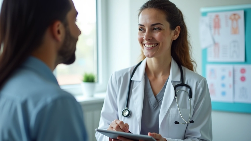 Female physician conducting patient consultation in examination room, taking notes on tablet, professional medical setting wi