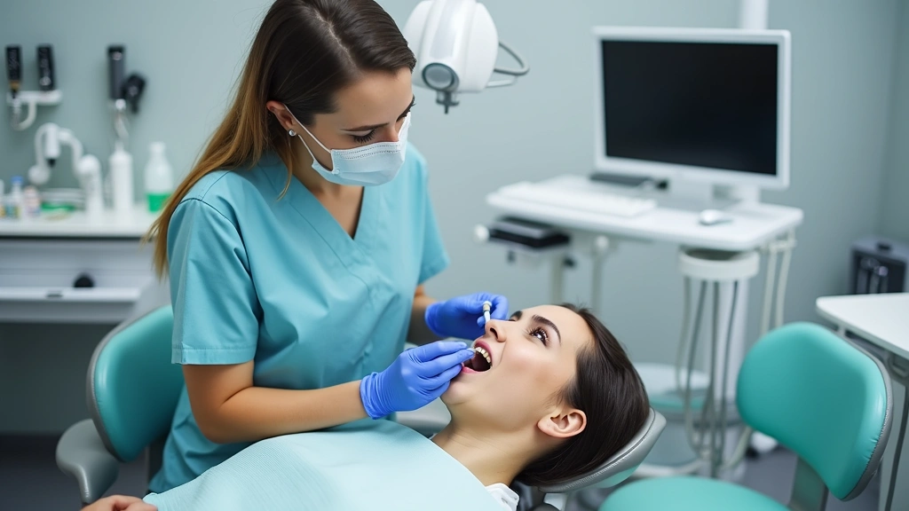 Dental hygienist performing teeth cleaning on patient in modern dental operatory, professional equipment, clinical setting, p