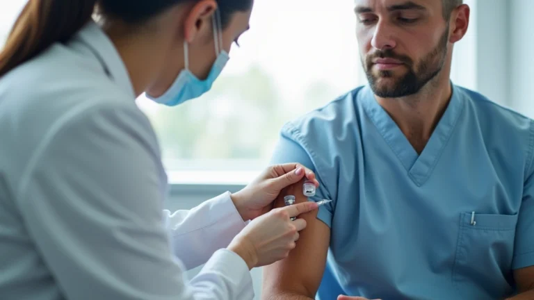 Professional healthcare provider administering vaccine injection to adult patient in modern medical clinic setting, natural lighting, clinical environment