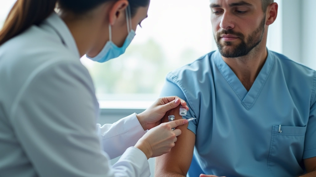 Professional healthcare provider administering vaccine injection to adult patient in modern medical clinic setting, natural lighting, clinical environment