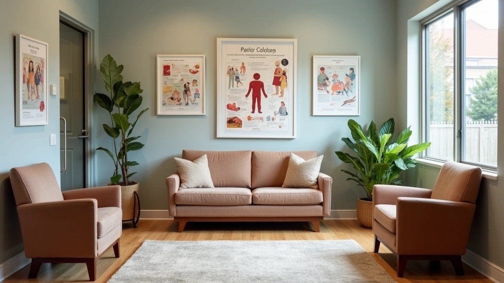 Diverse community health center waiting room with comfortable seating and informational health posters on walls, welcoming at