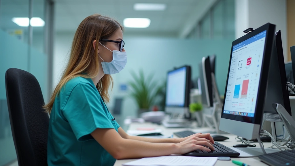 Public health nurse conducting disease surveillance work at desk with computer and medical records in professional health dep
