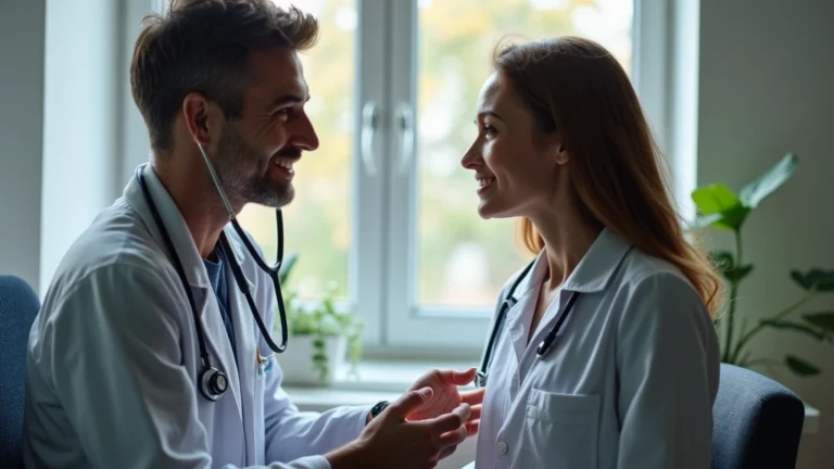 Professional healthcare provider conducting primary care examination with patient in modern clinic setting, warm lighting, stethoscope visible