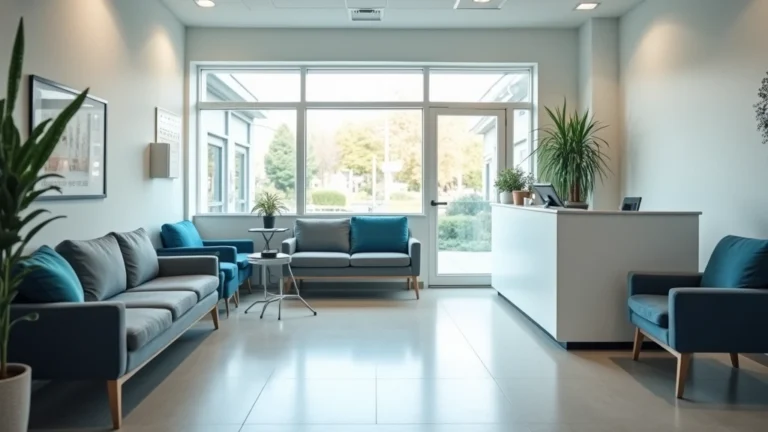 Professional medical office waiting room with comfortable seating, modern healthcare facility interior, welcoming clinic environment, bright natural lighting, medical reception desk