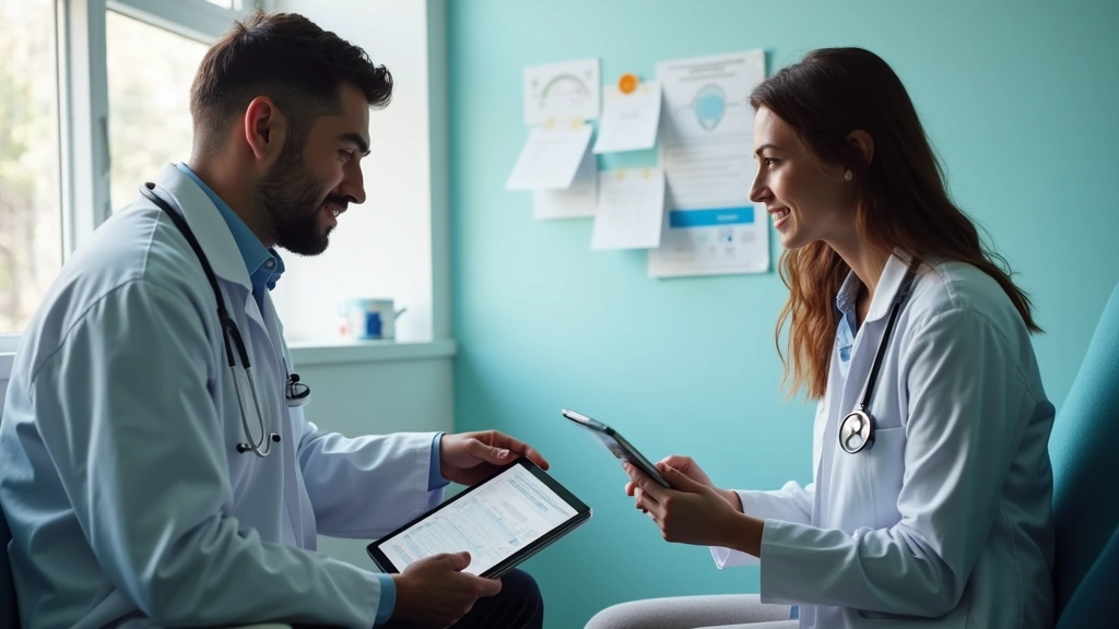Doctor consulting with patient using digital tablet in clinical examination room, healthcare provider and patient discussion,