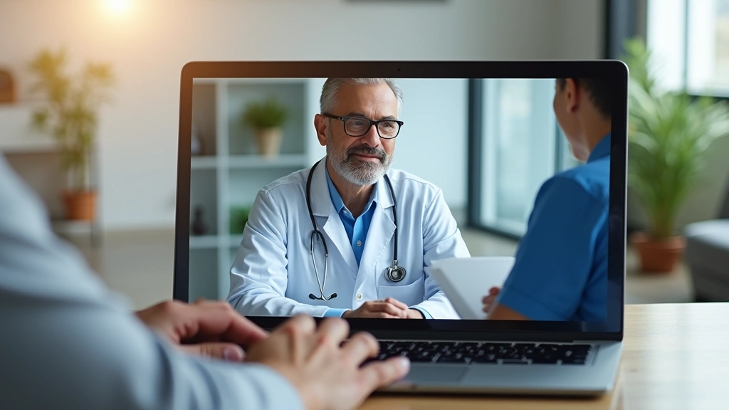 Telemedicine virtual healthcare visit on laptop screen, patient video call with doctor, remote medical consultation, home hea