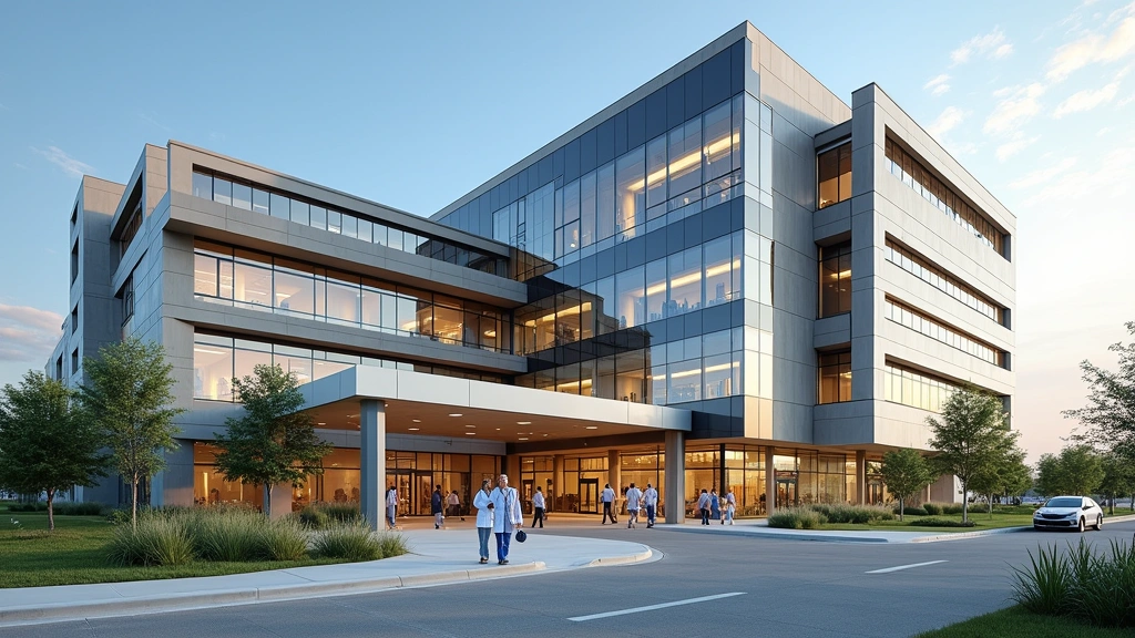 Modern hospital building exterior with medical professionals walking, Nebraska urban landscape, professional healthcare facility architecture