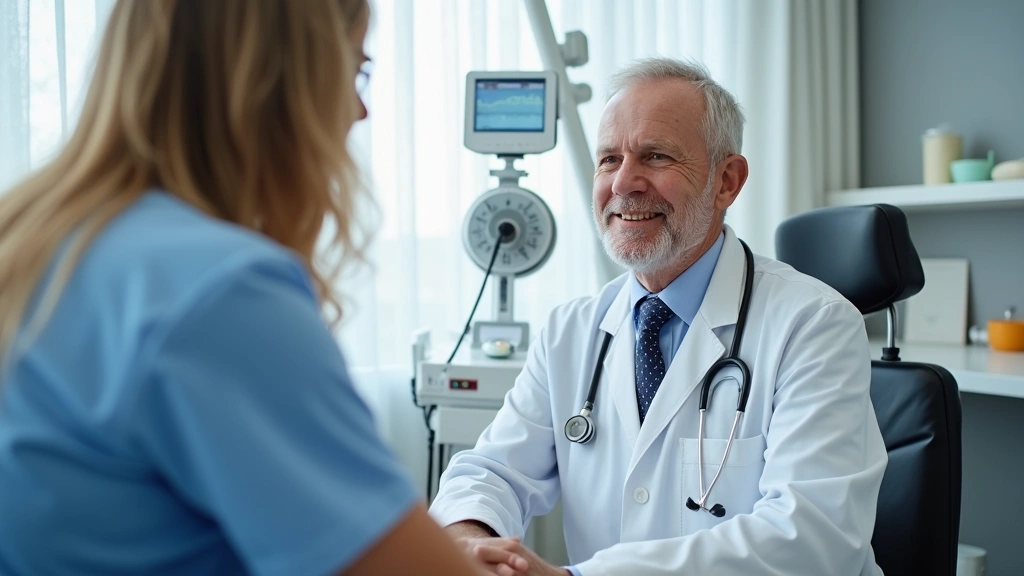Doctor and patient in consultation room, medical equipment visible, professional clinical setting, caring healthcare interact