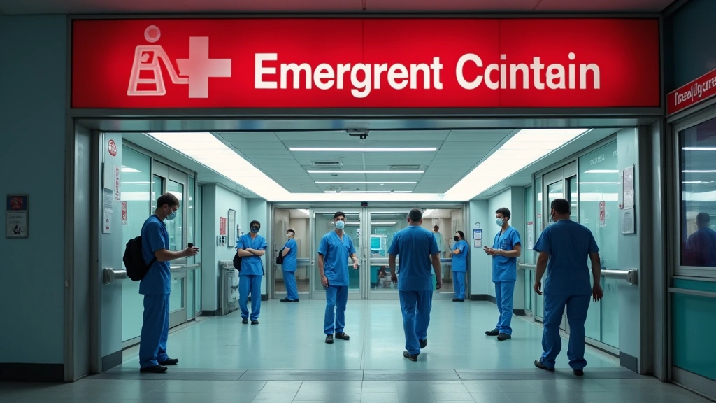 Hospital emergency department entrance with trauma center signage, medical personnel in scrubs, professional medical facility