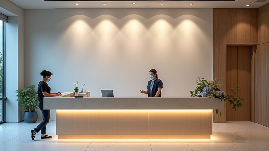 Professional hospital reception area with welcoming staff at desk, modern healthcare facility interior, warm lighting, patients checking in