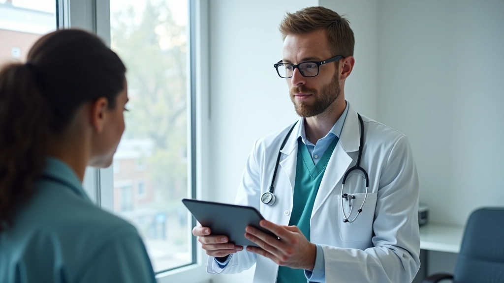 Healthcare provider in white coat using tablet computer with patient in clinical examination room, professional medical setti
