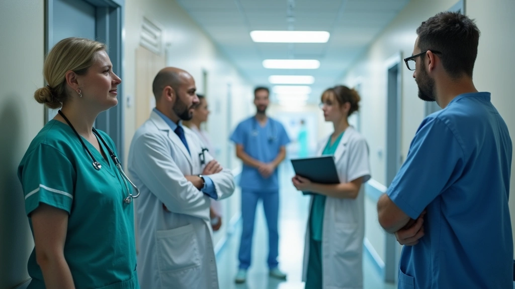 Diverse team of medical professionals including doctors and nurses in hospital hallway, professional healthcare environment, 