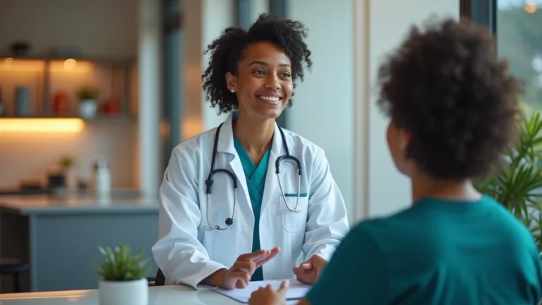 Professional Indigenous healthcare provider conducting patient consultation in modern medical clinic with warm lighting and welcoming atmosphere, no text visible