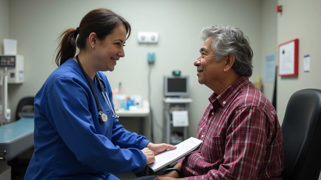 Alaska Native patient receiving primary care examination in well-equipped health center facility, professional medical settin