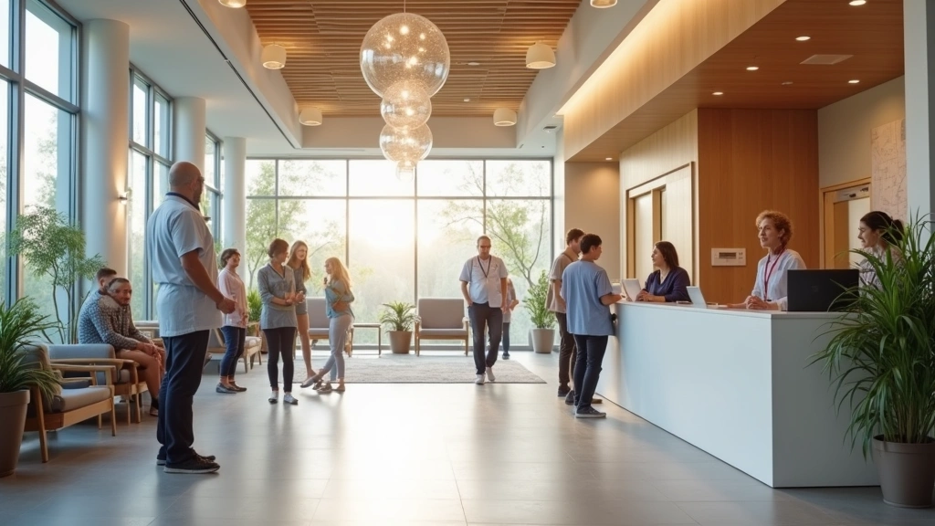 Diverse community health center reception area with patients and staff, modern healthcare facility interior, welcoming clinic