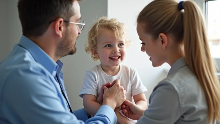 Professional healthcare provider examining young child in modern medical clinic with warm lighting, stethoscope visible, child smiling and relaxed during checkup