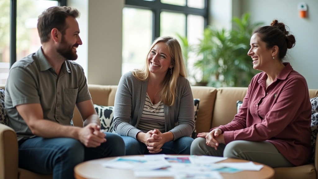 Family of three sitting in community health center waiting area with informational pamphlets on table, diverse representation