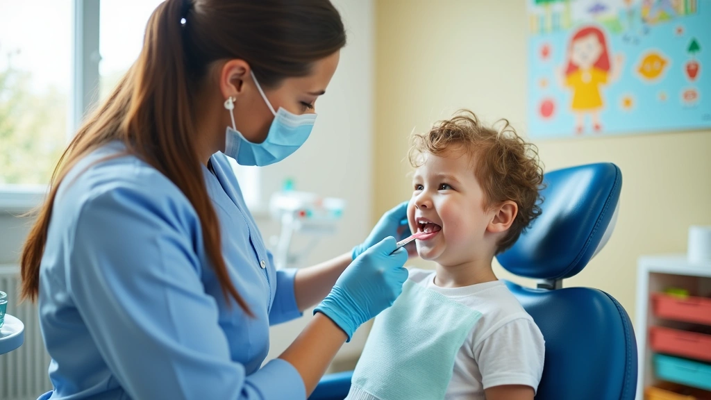 Young child receiving dental examination from pediatric dentist in bright, child-friendly dental office with educational post