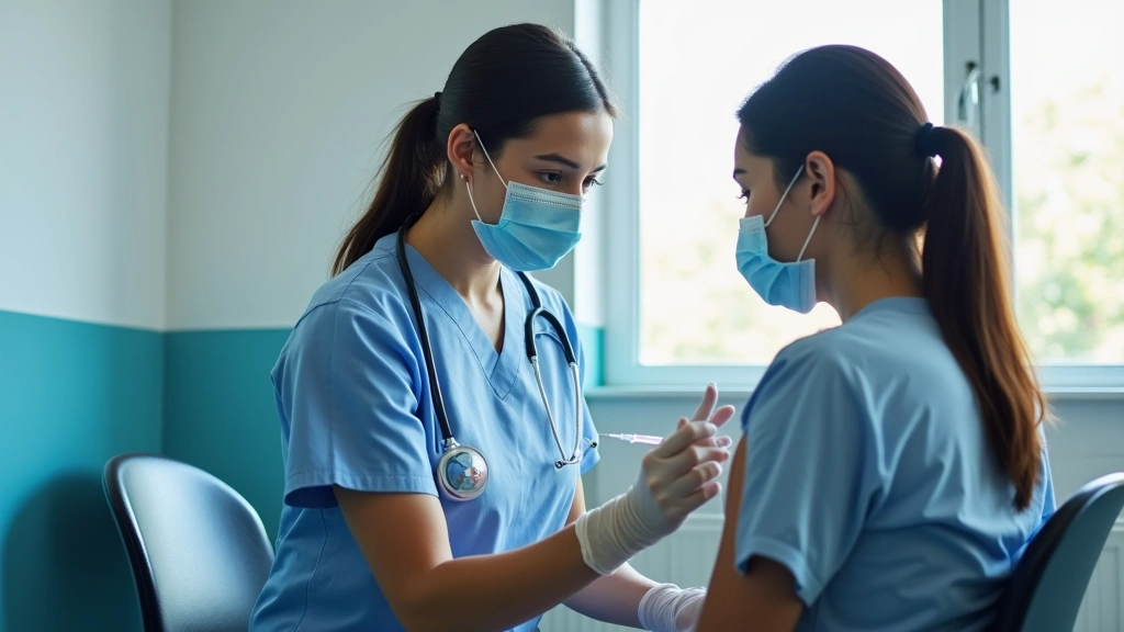 Professional healthcare worker administering vaccine injection to adult patient in modern medical clinic setting with blue and white walls