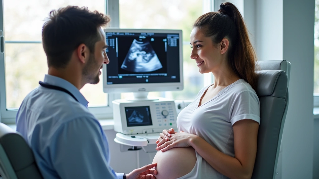 Pregnant woman receiving prenatal ultrasound from healthcare provider in bright medical office with monitors and equipment vi