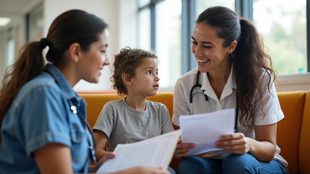 Female health educator discussing immunization records with family in clean public health department waiting area