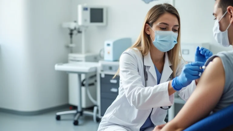 Professional healthcare worker administering vaccine to patient in modern medical clinic setting with clean white walls and medical equipment