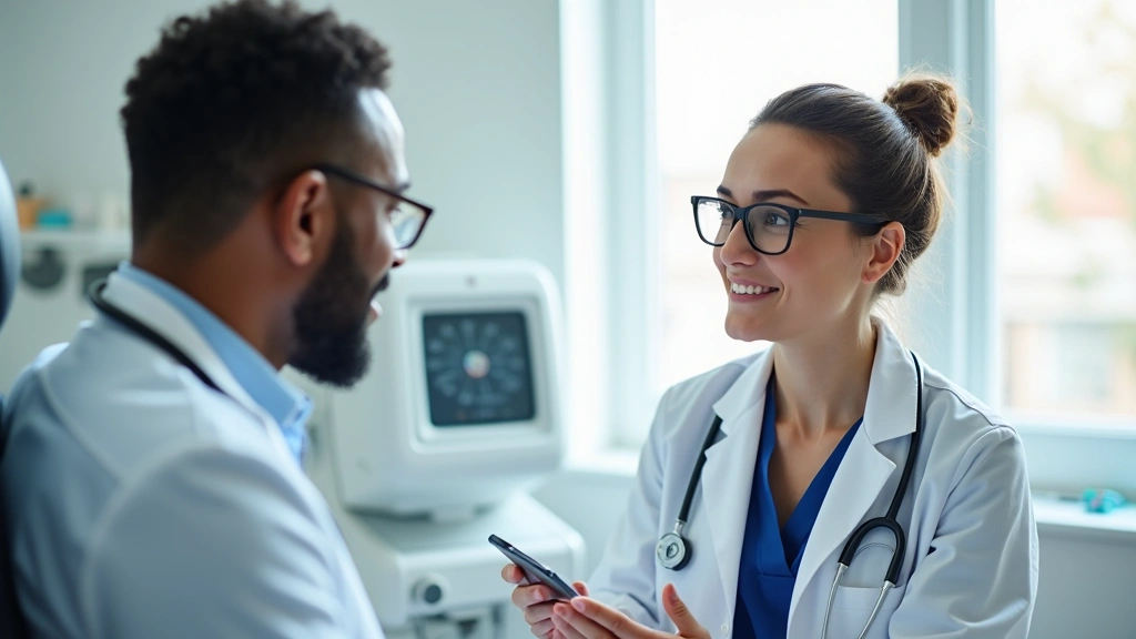 Professional female doctor in white coat consulting with diverse male patient in modern clinic examination room with natural lighting and medical equipment visible in background