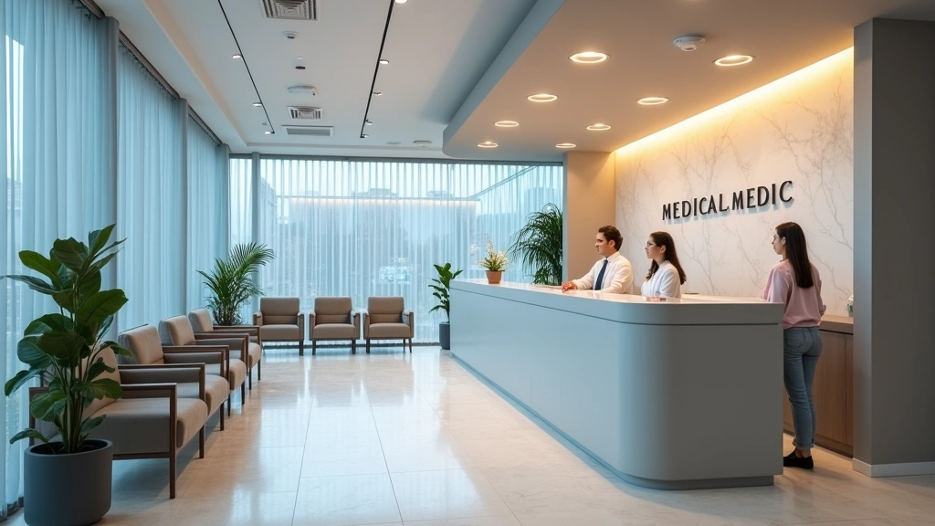 Professional medical clinic reception area with welcoming staff at desk, modern healthcare facility interior, patients waiting in clean contemporary waiting room