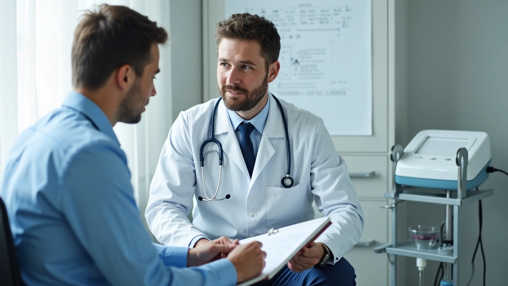 Doctor in white coat examining patient in clinical exam room, stethoscope visible, professional medical consultation setting 