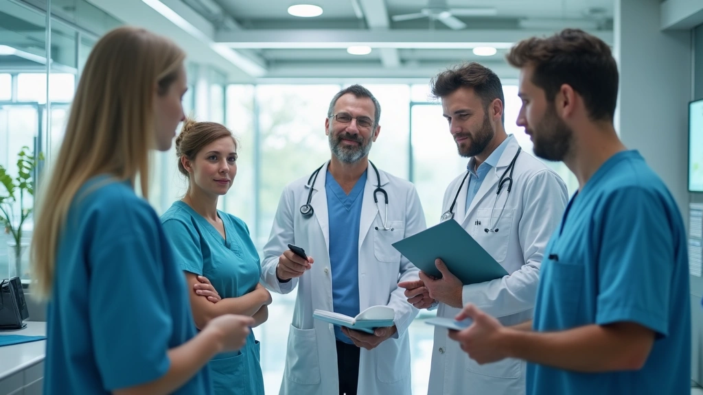 Diverse healthcare team in modern clinic environment, medical professionals collaborating, contemporary healthcare facility w