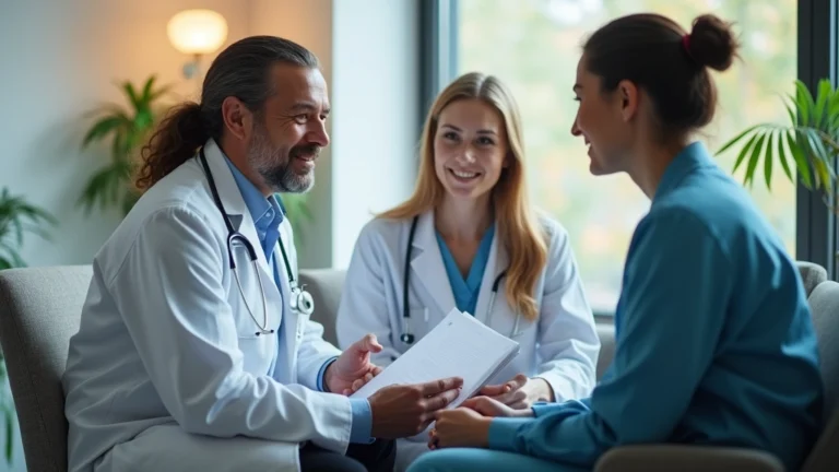 Professional medical consultation room with diverse healthcare provider and patient discussing health records, warm lighting, clinical setting