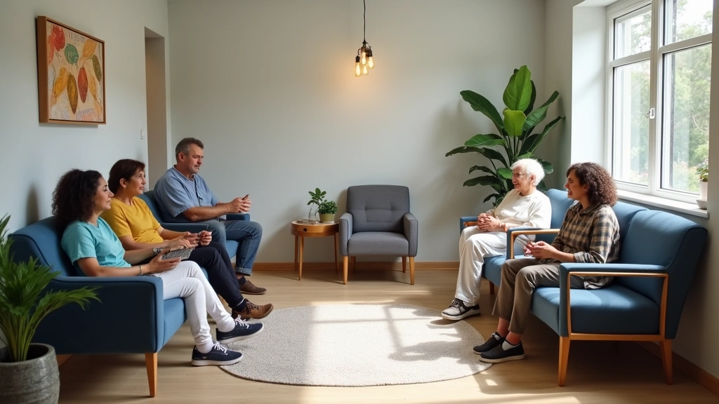 Community health center waiting room with diverse patients, modern comfortable seating, welcoming atmosphere, inclusive healt