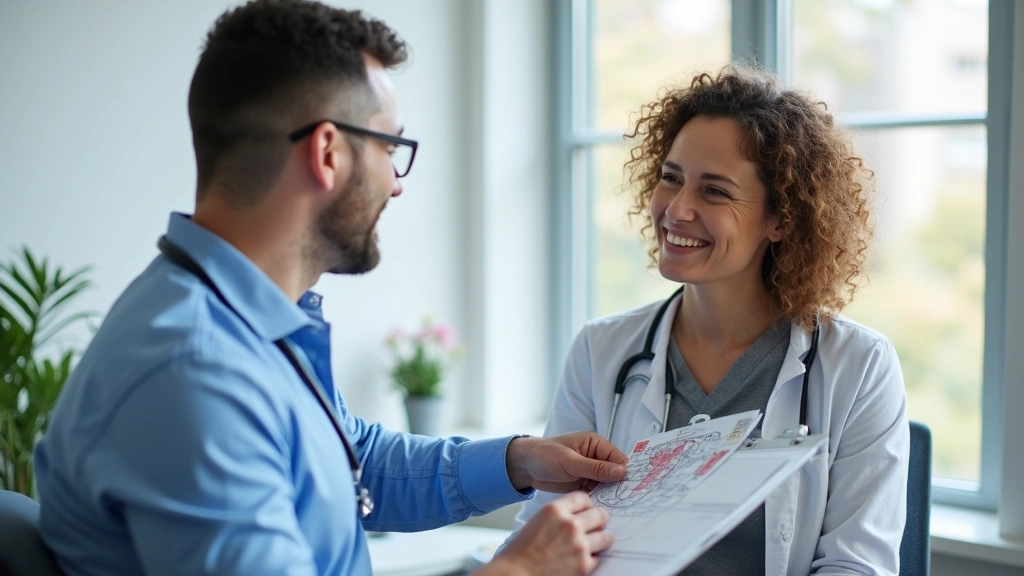 Healthcare provider conducting preventive health screening examination with patient, professional medical office, caring inte
